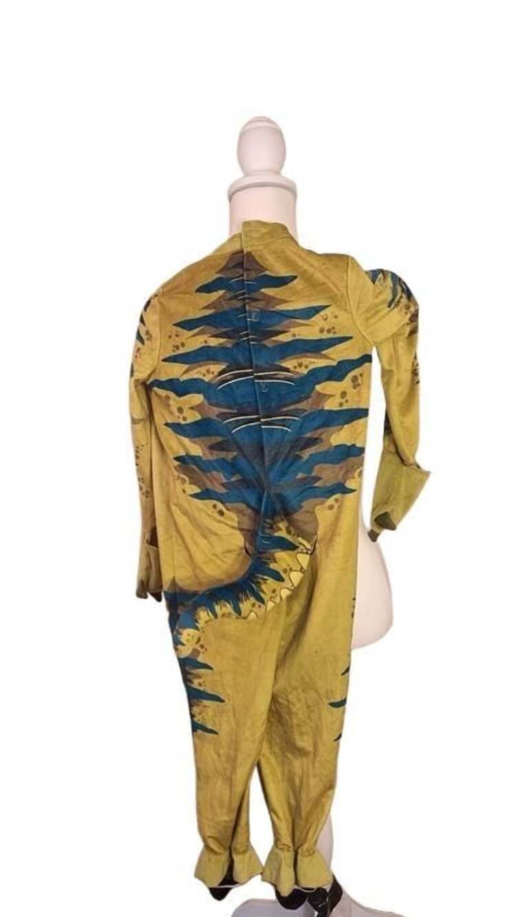 Spirit Halloween Kids Dinosaur Costume Jumpsuit Tail Claws Green Yellow 5-6T